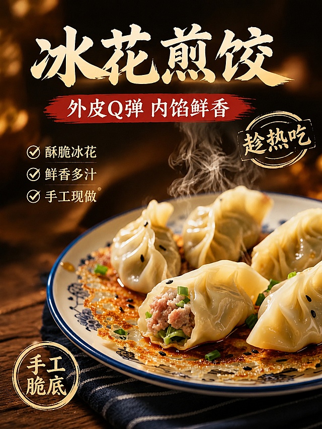 将海报改为竖版画面，保留全部文案内容：主标题"冰花煎饺"，副标题"外皮Q弹 内馅鲜香"，卖点酥脆冰花、鲜香多汁、手工现做，装饰文字趁热吃、手工脆底。冰花煎饺产品保留原图外观和食欲感，整体调整为竖版构图，排版适配竖屏，文字位置重新适配不遮挡主体。