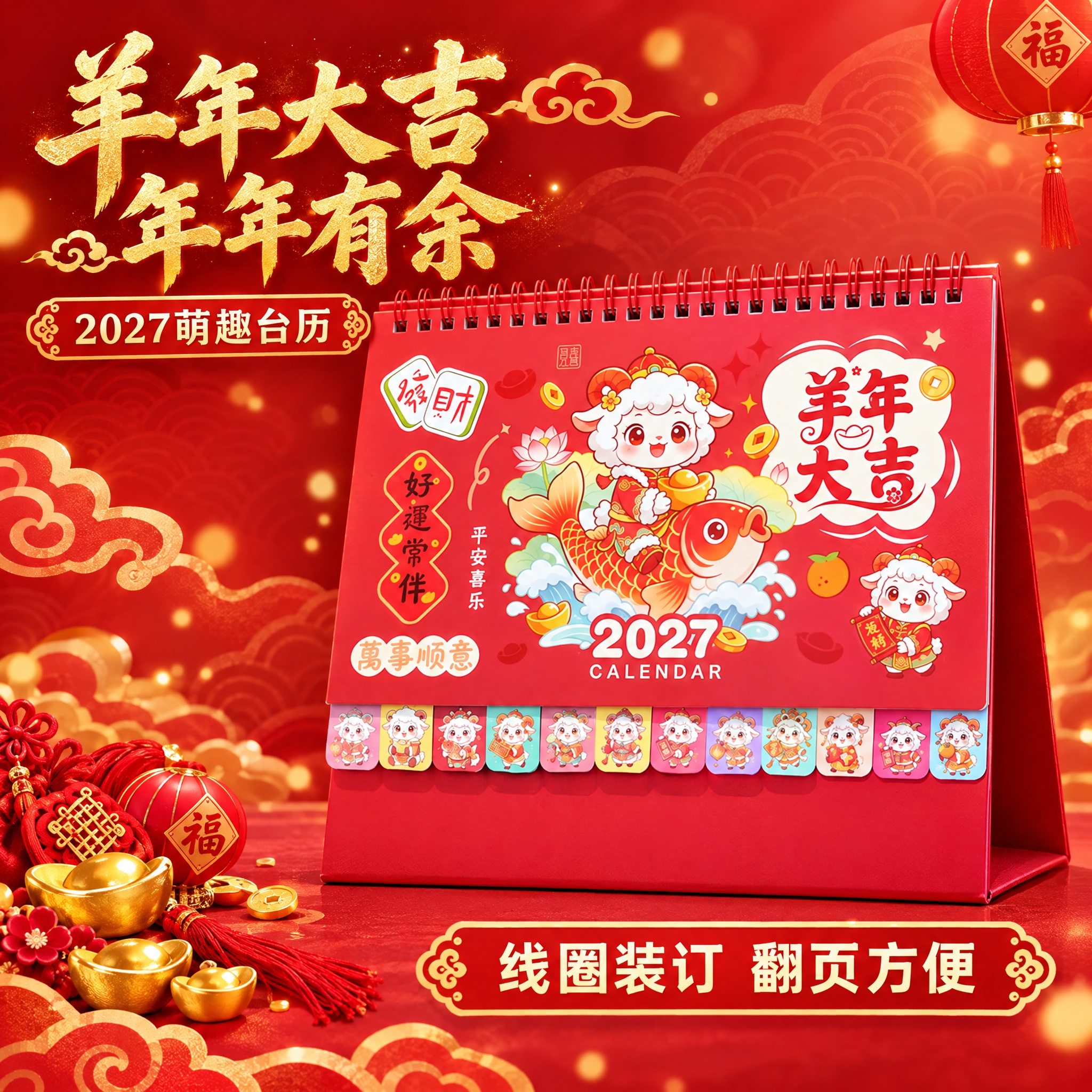 羊年大吉锦鲤款台历单独主图，淘宝主图规格1:1高清图。产品居中… - 图片创意预览