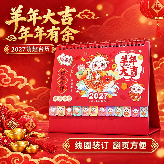 羊年大吉锦鲤款台历单独主图，淘宝主图规格1:1高清图。产品居中偏右展示，占画面约60%，完整保留产品原样：红色线圈装订、萌羊骑锦鲤图案、羊年大吉字样、好运常伴竖牌、底部彩色羊头月份索引、红色三角底座。背景为红色渐变搭配金色光斑和祥云暗纹，国潮喜庆风格。左上角加烫金色大标题"羊年大吉 年年有余"，下方副标题"2027萌趣台历"。底部加"线圈装订 翻页方便"文字。左下角点缀金元宝、红色装饰元素。整体喜庆可爱，产品清晰突出。