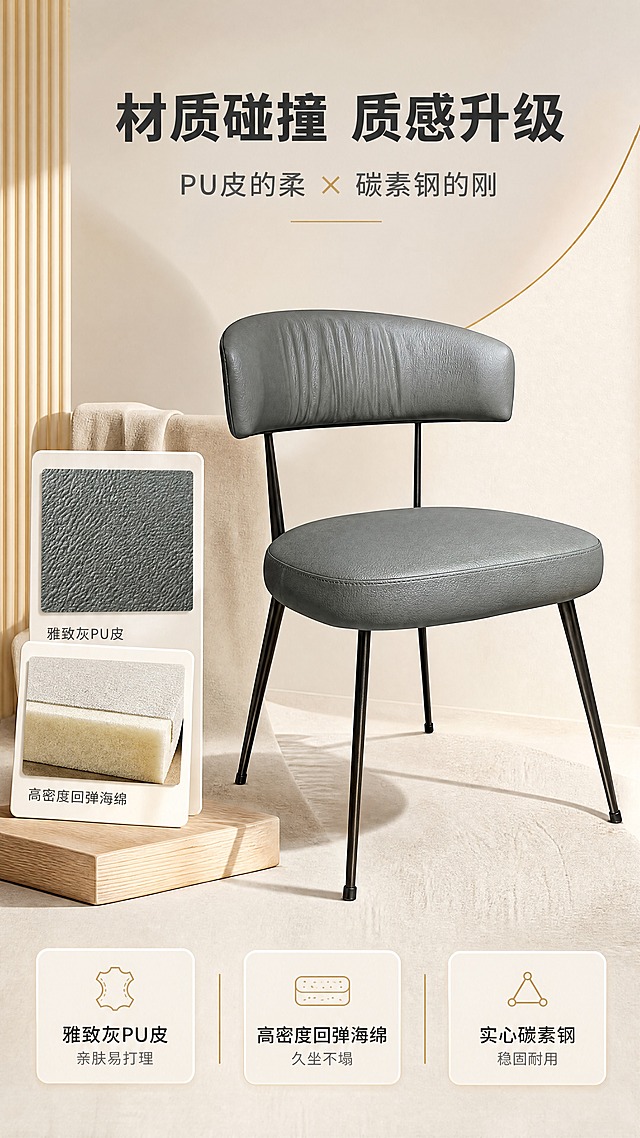 [商品] 使用【图1】DY-8810A雅致灰餐椅；保留弧形靠背、圆润座包、四根碳素钢椅脚、雅致灰PU皮颜色、整体结构比例；商品处理：增强PU皮纹理与金属椅脚质感，精修产品边缘，不改变产品结构和颜色。
[画面] 目标：设计美学与材质混搭叙事页，建立产品高级认知；构图：上文下景，顶部约1/4文案区，下方3/4为产品+材质元素组合；主体位置：下方居中偏右，餐椅与材质色块、面料小样并置；角度：侧前方；景别：中景；前中后景：前景面料小样卡片（PU皮样、海绵切面示意），中景餐椅主体，后景浅米白渐变背景+几何线条装饰；阅读动线：顶部主标题向下，底部材质标签条。
[视觉] 套系策略：风格=现代轻奢亮调家居商业摄影；标题字=思源黑体粗体；正文字=思源黑体常规体；主色=雅致灰+米白+暖木色；背景延展=基于米白+浅灰做同色系深浅渐变、细腻墙面/织物/木材质感；强调色=暖金色，仅用于小面积图标、引线、标签和装饰线条；标题色=深炭灰；正文色=中暖灰；组件=圆角浅底信息卡、细金色引线、线性图标；光影=左前侧暖柔自然光，明亮通透，软阴影。
[文字] 顶部文案区：主标题「材质碰撞 质感升级」（8字），副标题「PU皮的柔 × 碳素钢的刚」（10字）；底部横向3个材质标签卡：「雅致灰PU皮 亲肤易打理」「高密度回弹海绵 久坐不塌」「实心碳素钢 稳固耐用」，中间穿插细金色分割线。
[规格] 图片比例9:16竖版，4K分辨率，负向提示：避免变形、错字、文字过小、冷蓝/冷灰背景、产品颜色改变、结构失真、极限词、水印、二维码。