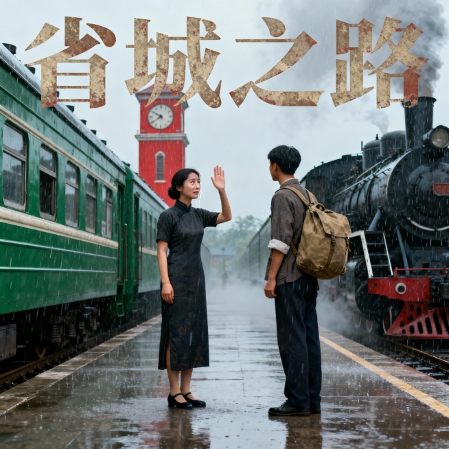 帮我生成一张唱片封面，歌名是《省城之路》姐弟分别预览效果