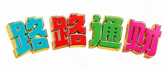 去除字体下方所有的投影和阴影效果，字体底部干净无任何阴影投射，保持字体本身的3D立体厚度、金色描边、颜色和字形完全不变，白色纯净背景，整体画面干净清爽。画面中只能出现这四个字："路"、"路"、"通"、"财"，不得增加、遗漏或替换任何一个字。文字整体必须完整呈现在画面内不可被裁切，四周留有安全边距。