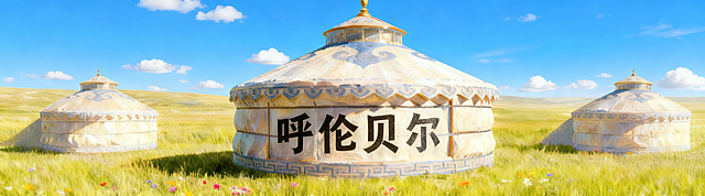 参考当前图片构图和风格，将中间蒙古包上的文字替换为“呼伦贝尔”，保留蓝天小云朵、草地上彩色野花、三个蒙古包布局不变，尺寸360*100