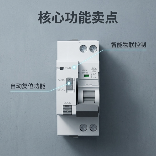 [主图2 核心卖点] 智能断路器核心卖点展示图，延续简约严谨工业配电风格，产品外观与原图保持100%一致，以产品为中心，使用纤细科技感引线连接产品两个核心功能，引线末端带光点定位。配色保持灰调专业工业预览效果