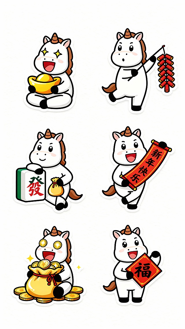可爱卡通独角兽拟人插画，国潮风描边设计，手持金元宝、灯笼、春联等新春元素，喜庆吉祥，充满节日氛围。