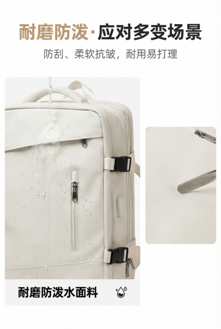中文提示词：2:3竖版，途界9169款背包面料功能展示，左侧大图为背包正面局部特写（白色面料区域），模拟轻微泼水场景（水珠均匀分布在面料表面，不渗透，示意防泼水效果），标注“耐磨防泼水面料”（加粗，黑预览效果