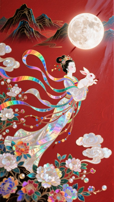 日漫风格，嫦娥怀抱玉兔奔向一轮圆月，衣摆飘逸。周围环绕着祥云和盛开的花朵，背景山脉，红色底色，非常规的动态构图预览效果