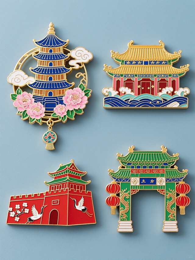 中国风金属珐琅冰箱贴系列，采用传统景泰蓝工艺，金色勾边，深蓝、大红、翠绿、粉色为主色调，每个冰箱贴均有精致花纹装饰和吊坠设计。四个完全不同造型的冰箱贴规整排布在纯色背景上，分别为：1. 蓝色琉璃瓦三层宝塔，周围环绕祥云和盛开的粉色牡丹；2. 红色城墙角楼，搭配白色梅花和仙鹤图案；3. 金色飞檐宫殿，背景为蓝色海浪和星星；4. 绿色琉璃瓦牌坊，两侧有龙纹装饰和红色灯笼。每个冰箱贴都具有立体浮雕质感，细节丰富，色彩鲜艳，整体风格统一且富有中国传统文化韵味。