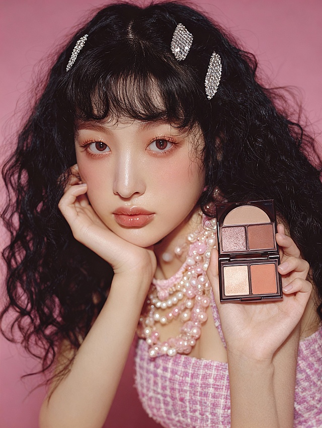 左手托腮，右手举着四色眼影盘