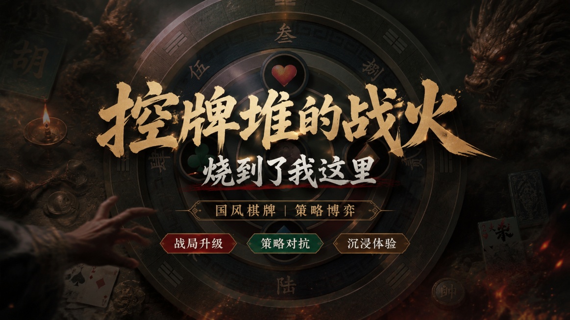 基于提供的游戏背景图创作海报，保持原有中式棋牌转盘元素，国风暗调风格，带有博弈紧张氛围。画面主标题为"控牌堆的战火"，副标题为"烧到了我这里"，装饰文案为"国风棋牌 | 策略博弈"，卖点标签为"战局升预览效果