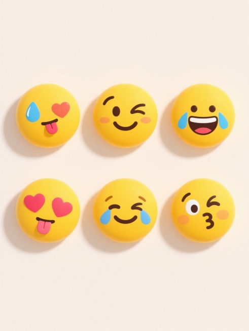 6个不同配色、不同样式、不同神态的卡通emoji表情，圆形黄色为主，带有水滴、爱心、舌头等装饰元素，表情包括眨眼、微笑、流泪等，排列在浅色背景上，上下两行对齐排列，每个emoji独立清晰，色彩鲜明，风格统一，具有卡通趣味感。预览效果