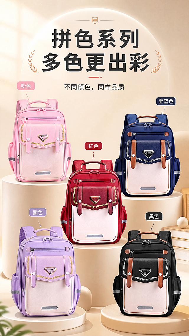 [商品] 使用【图1】五色小学生书包全家福；保留粉色、宝蓝色、红色、紫色、黑色五款书包的颜色、结构、三角Logo、棕色搭扣、麦穗刺绣、侧袋反光条等全部细节；增强每款书包的面料质感和立体感。
[画面] 多色矩阵展示页，目标展示5色可选的丰富选择。上下构图，上方大标题区，下方5款书包错落排列于米色立体展示台上，形成矩阵视觉，产品占画面70%。背景柔和渐变+圆形光晕，突出每款颜色。
[视觉] 套系策略：风格=清新学院风商业摄影；标题字=粗黑体+衬线点缀；正文字=简洁无衬线黑体；主色=藏青蓝+暖米杏；背景延展=基于暖米杏做深浅层级、同色渐变和细腻哑光质感；强调色=砖红色，仅用于小面积标签、图标和引线；标题色=深炭灰；正文色=中暖灰；组件=圆角信息卡、胶囊标签、细线引线；光影=左前侧暖柔光，柔和阴影。
[文字] 顶部大标题「拼色系列 多色更出彩」，副标题「不同颜色，同样品质」，每款书包旁配对应颜色的圆角标签标注颜色名称（粉色/宝蓝色/红色/紫色/黑色），文字不遮挡书包主体。
[规格] 图片比例9:16竖版，4K分辨率，避免变形、错字、文字过小、冷蓝背景、书包颜色改变、版型失真、极限词。