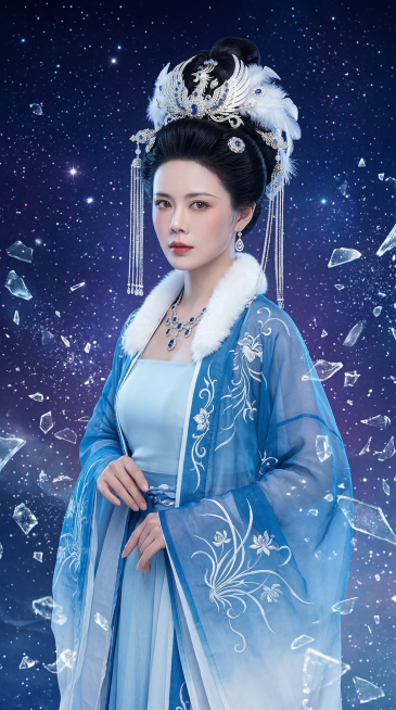 图中人物五官不变，年轻东亚女性全身仙侠人像，侧颜45度角，眼神锐利直视镜头。梳着高盘发，佩戴华丽的银色凤凰头冠，头冠带有羽毛、宝石与长流苏步摇，流苏垂至胸前。身着蓝白渐变的古风大袖袍：外层是半透的蓝色预览效果