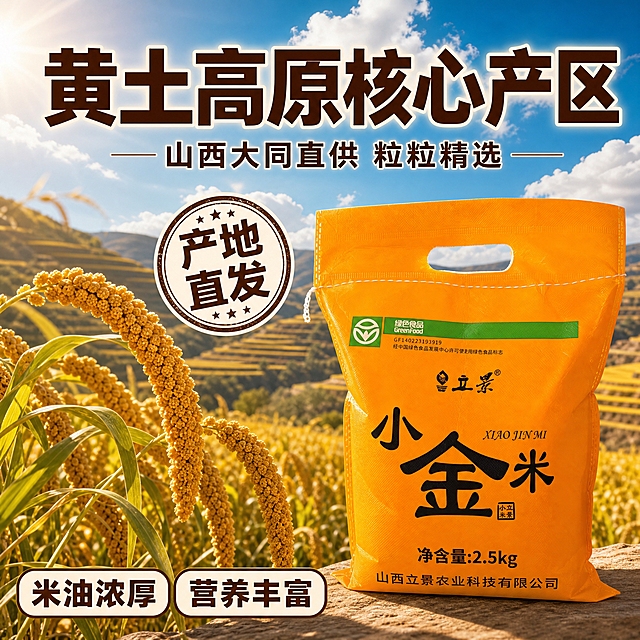 [主图-2] 产地溯源 黄土高原产区小米 信任背书主图
[统一基调] 拼多多风格 大字直白 性价比感 暖橙金黄主色调 深棕色标题字 米白辅助字 绿色强调认证 粗黑体大字标题 卡片式卖点标签 满版构图
[画面] 产品立景小金米橙色包装袋放在画面右下 占比约40% 正面展示 背景为黄土高原梯田小米田实景 层层叠叠的金黄谷穗 蓝天白云 阳光洒在田地上 左侧前景放一把带谷穗的小米植株 颗粒饱满金黄 体现产地直供的真实感
[光影质感] 自然户外阳光质感 明亮通透 产品与场景光影融合自然 底部有柔和阴影 谷穗有逆光金边效果
[配色] 背景黄土高原金黄绿色田野 天空淡蓝 产品橙色包装突出 标题深棕色 整体自然田园风
[文字版式] 画面上方超大粗黑体主标题"黄土高原核心产区" 下方小字"山西大同直供 粒粒精选" 中间偏左放一个圆形印章式图标写"产地直发" 底部横排"米油浓厚 营养丰富"辅助文案 文字放在天空和远山负空间 不遮挡产品
[输出要求] 1:1正方形 文字清晰可读 产品完整清晰 禁止变形错字模糊杂乱水印平台logo 禁止极限词