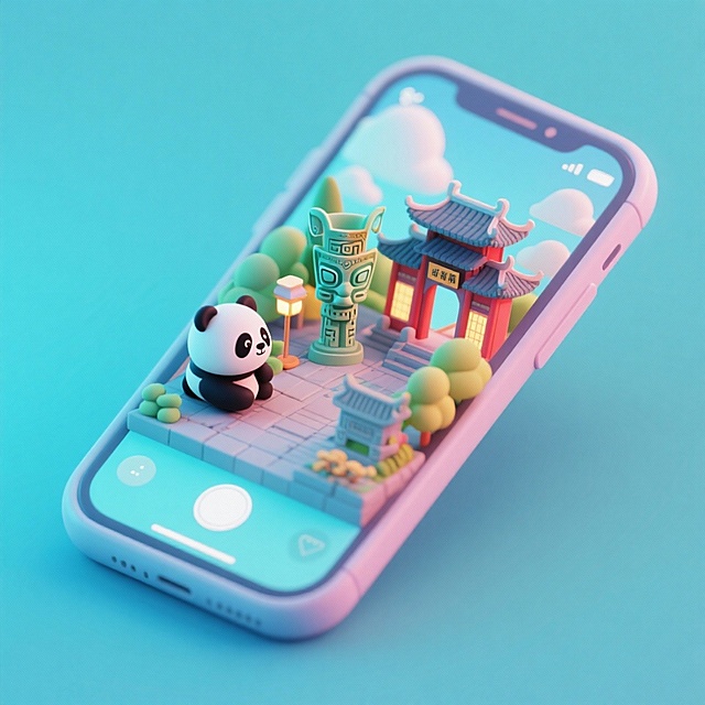 软3D风微缩艺术场景，萌趣熊猫与古风建筑跃然屏上，柔和色系营造梦幻清新氛围，可爱卡通感十足。