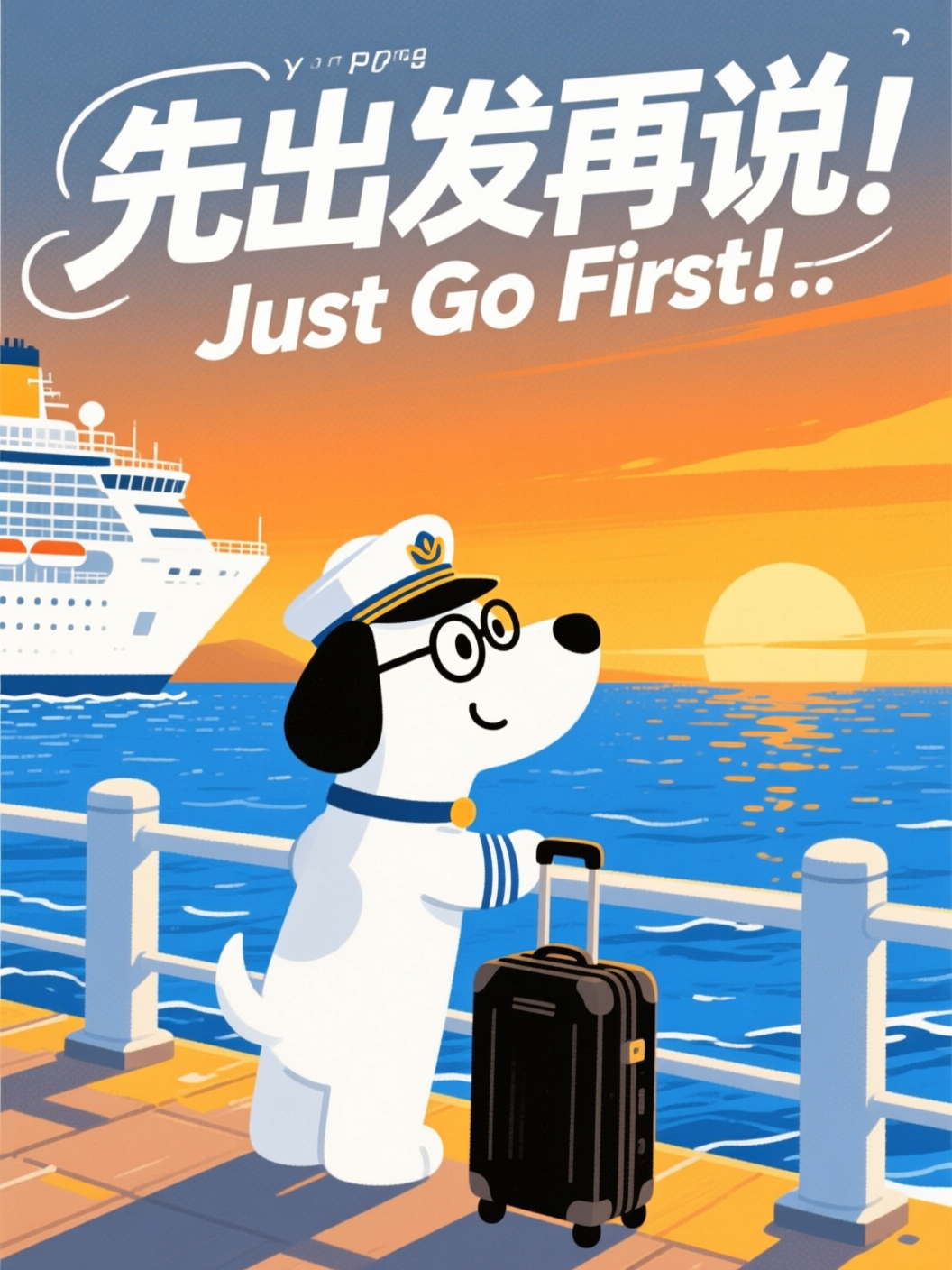 创作一幅扁平插画风格的邮轮旅行促销海报，采用中心构图。画面核心… - 图片创意预览