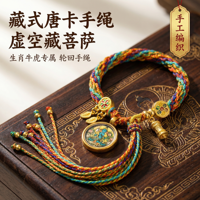 [主图 1] 藏式唐卡手绳轮回链首图展示
[氛围/风格] 国潮民族风，禅意氛围感，突出产品质感与文化底蕴，高清实拍质感。
[画面元素] 保留原手绳产品外观完全不变，手绳放置在带有藏式纹理的深色木质背景预览效果