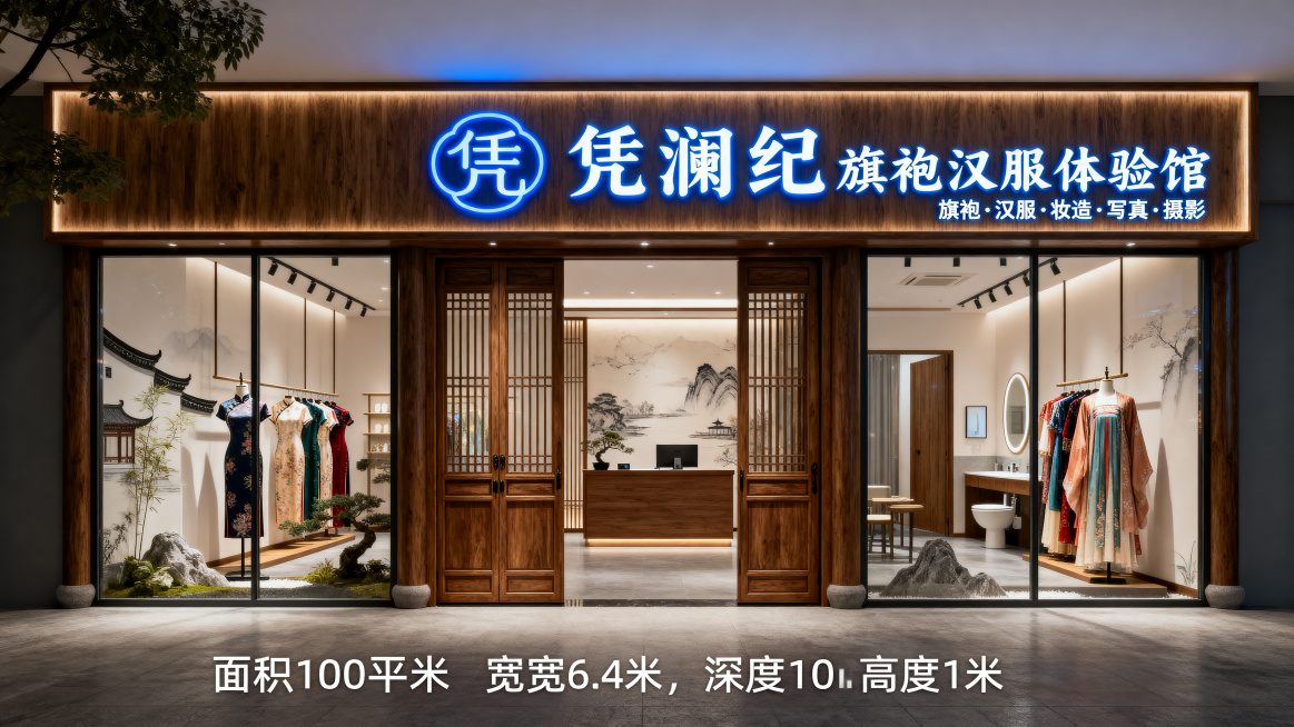 生成杭州西湖凭澜纪旗袍汉服体验馆门店效果图，面积100平米，门头宽度6.4米，深度10米，门头高度1米，门头上有附件中的凭澜纪蓝色发光LOGO，右侧正中间大字发光字'凭澜纪旗袍汉服体验馆'，下方小字发预览效果