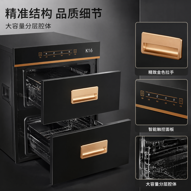 「图片1」，生成电商主图（4张），商品名称是华蒂恩科，卖点是嵌入式2星级消毒柜，适配抖音平台，主图比例为1:1预览效果