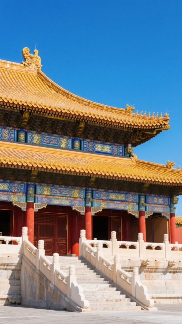 中景构图，超写实摄影捕捉故宫太和殿全貌，以鎏金琉璃瓦重檐为视觉焦点，日光下的金色脊兽闪烁微光，三层斗拱镌刻着精细的云纹彩绘与青金石色斗拱，朱红廊柱与明黄琉璃顶形成强烈反差，汉白玉台阶蜿蜒向前，整座建筑在澄澈的宝蓝色天空下尽显皇家威严与岁月沉淀，光影锐利，色彩饱满，细节逼真，具备极致的写实质感与历史深邃感，适配纯净背景素材应用。预览效果