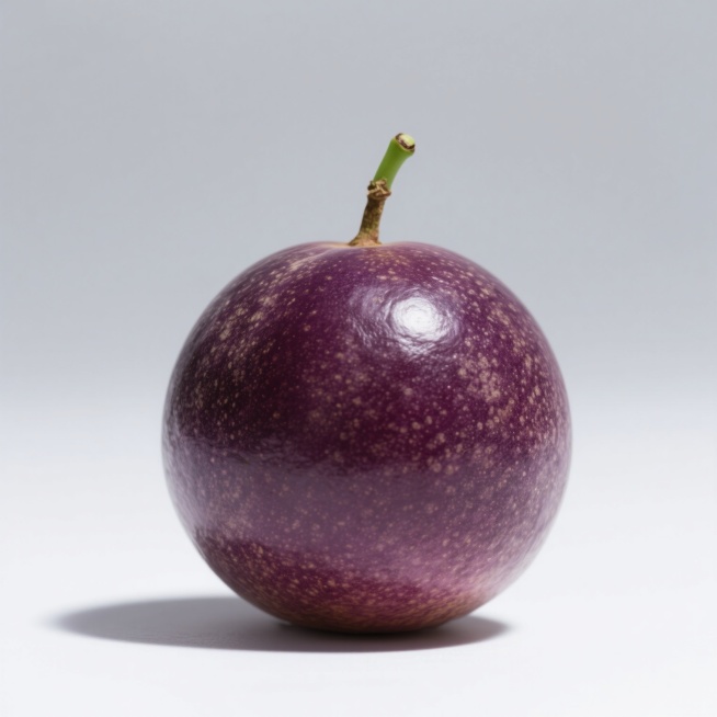 超高分辨率特写摄影，一个完整的紫皮百香果，表面光滑有细微果点，深紫色果皮带有光泽，顶部绿色果蒂新鲜，整体呈现自然的椭圆形，悬浮于纯白色背景上，光线从斜上方照射，形成明亮的高光和柔和的阴影，突出果实的立体感和表皮质感，构图简洁，主体清晰突出，色彩饱和，细节丰富，具有强烈的视觉冲击力和真实的水果质感。预览效果