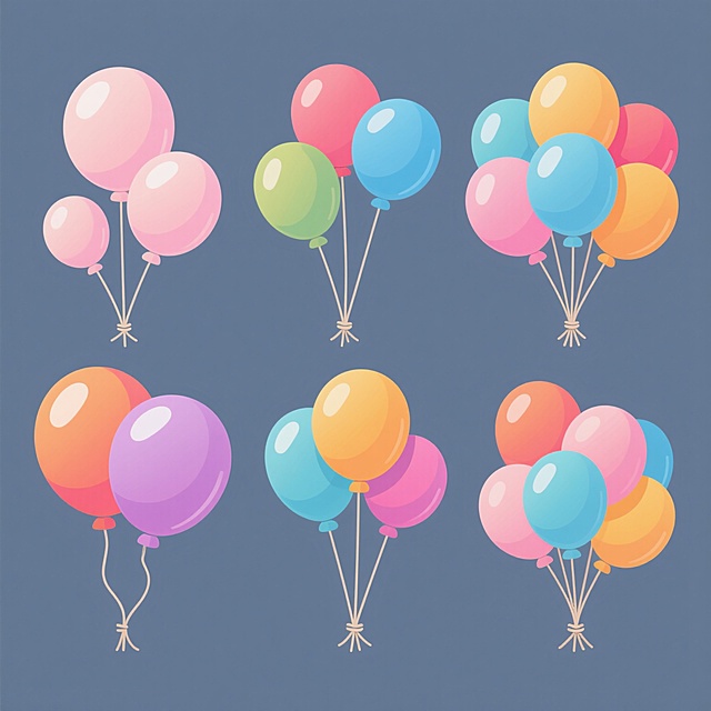 一套6个造型各异的卡通气球系列素材集合，每个气球造型保持圆润饱满的形态、光滑渐变的表面质感、高光和阴影的细节处理，气球通过细线束扎在一起。6个气球造型在整体布局中规整排布，每个造型拥有完全不同的气球组合形态（如大小比例变化、数量增减、排列方式调整、气球形状微调等）。整体采用纯色背景，每个造型的气球颜色各不相同，均为明亮鲜艳的马卡龙色系或饱和色彩，保持统一的扁平化矢量插画风格，线条简洁流畅，色彩明快活泼，画面干净整洁，信息传达清晰直接。