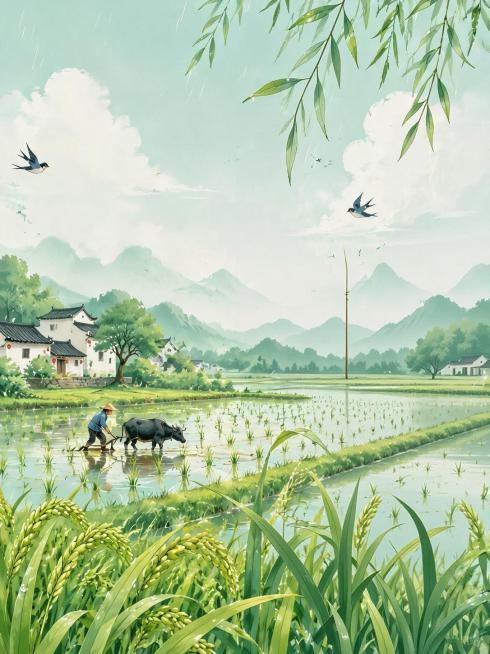 二十四节气小满创意海报，国风插画风格，展示初夏稻田麦穗饱满、雨水充沛的乡村景象，带有“小满”书法文字，清新自然配色预览效果