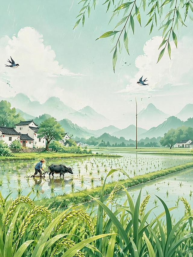 二十四节气小满创意海报，国风插画风格，展示初夏稻田麦穗饱满、雨水充沛的乡村景象，带有“小满”书法文字，清新自然配色
