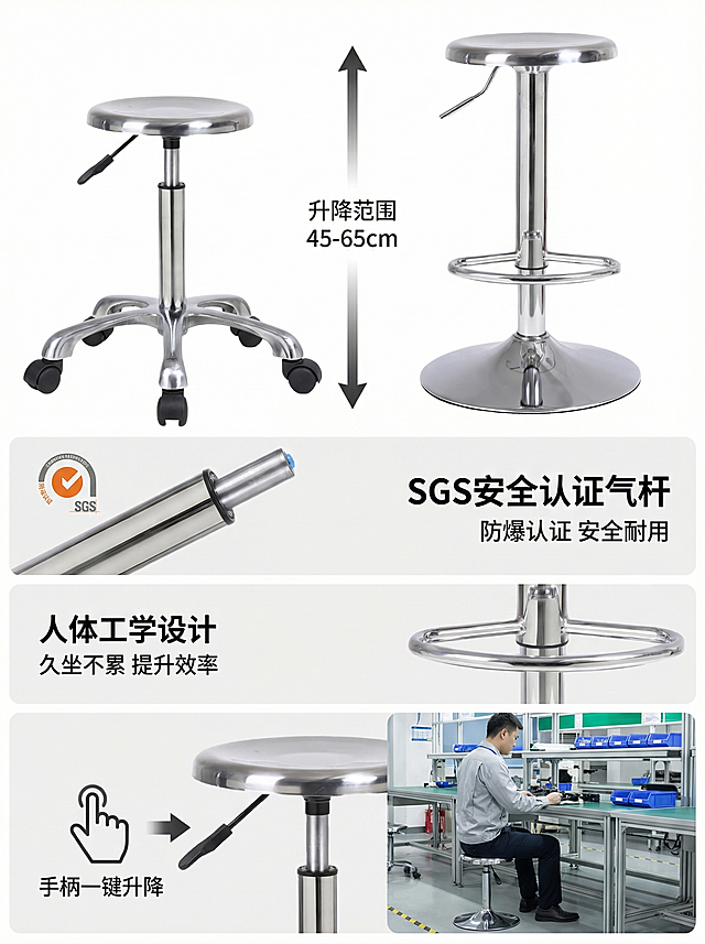 淘宝电商详情页气动升降系统解析屏，3:4比例，现代简约高端风格，纯白背景，上半部分左右对称展示产品最低高度和最高高度，中间标注升降范围，光影一致，产品无变形，金属质感拉满；中间分上下2个模块：上模块「SGS安全认证气杆」搭配气杆结构特写，标注「防爆认证 安全耐用」，下模块「人体工学设计」搭配凳面弧度特写+脚踏圈特写，标注「久坐不累 提升效率」；下半部分操作示意图，用箭头标注手柄升降操作，简单易懂；画面中间嵌入场景图：工厂工人坐在圆凳上，操作手柄调节高度，适配工位，凸显产品在工厂场景的实用性；整体画面明暗对比自然，产品立体突出，色彩保真，细节锐度拉满，2K分辨率