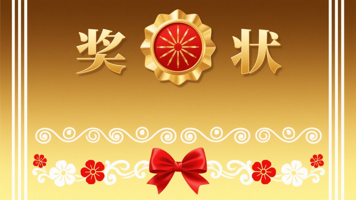 金色渐变背景，从上至下由深金向亮金平滑过渡，中央上方有红色圆形徽章，徽章内有金色放射状图案，徽章两侧对称分布金色立体“奖”“状”文字，文字下方有连续的白色卷草纹装饰带，底部中央有红色蝴蝶结，蝴蝶结两侧对称分布红色花卉与白色卷草纹组合装饰图案，左右两侧各有三条白色竖条纹装饰，整体呈现正式、荣誉、喜庆的传统奖状设计风格，视觉层级清晰，信息传达简洁庄重。预览效果
