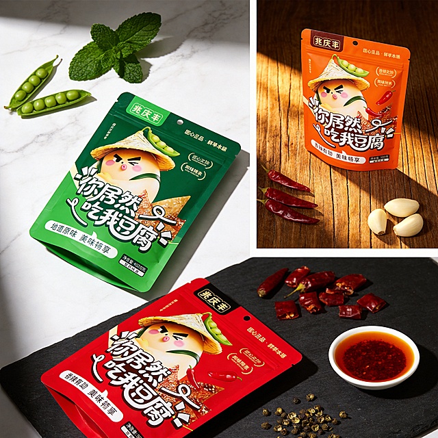 图1：零食电商摄影，一袋绿色包装的三角豆干放在白色大理石桌面上，包装上‘地道原味’字样清晰可见，旁边点缀几颗新鲜青豆和一片薄荷叶，明亮柔和自然光，极简干净，展现清香豆香，高清，俯视45度角，产品居中，无杂乱背景。图2：美食电商摄影，一袋橙色包装的三角豆干放在木质纹理桌面上，包装上‘香辣有劲’字样清晰可见，旁边点缀几根干红辣椒和蒜瓣，暖色调灯光，展现微辣开胃和诱人色泽，高清，产品位于画面正中30度俯视视角，干净整洁3D质感。图3：商业美食摄影，一袋红色包装的三角豆干放在深色石板桌面上，包装上‘麻辣够劲’字样清晰可见，旁边散落干辣椒段、花椒粒和小碟红油，暗调光线，对比强烈, 营造麻辣过瘾视觉冲击力, 超高清, 产品居中突出，45度俯拍。三张图均使用用户上传图片作为参考，保持包装设计、卡通形象、文字与品牌信息完全一致，仅更换背景与配饰。