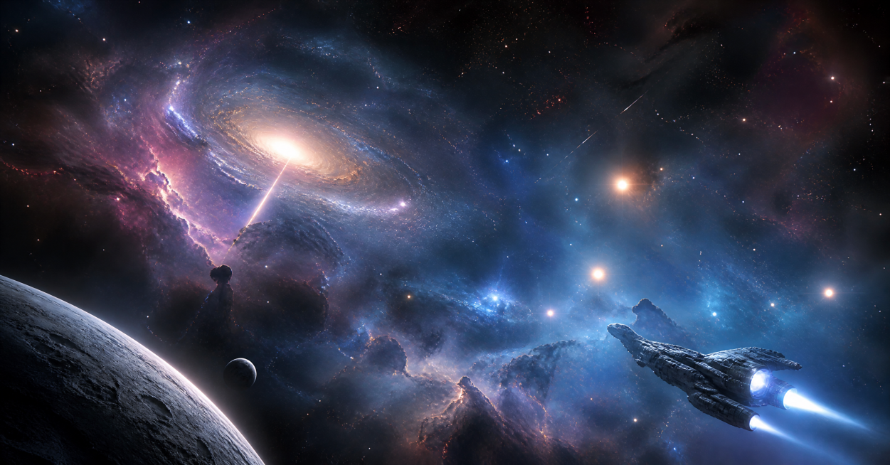 interstellar space风格，星际太空深邃宇宙场景，神秘星云，遥远星系，浪漫科幻氛围，浩瀚星空，星际旅行概念设计预览效果