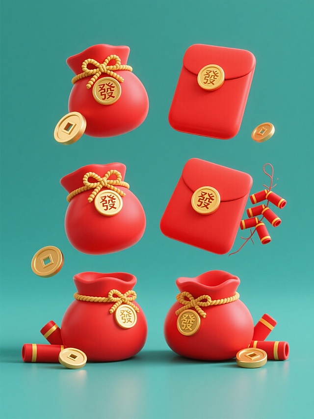 3D立体风格，纯色背景，双11电商促销设计，六个不同造型、角度的红色红包系列素材规整排布，红包绑有金色绳结并饰有金色"發"字印章，搭配金色铜钱和红色鞭炮元素，保持圆润饱满的物体形态和明亮均匀的光影效果，整体采用红金配色以营造喜庆热烈的促销氛围，各元素细节清晰且视觉层级分明，确保信息传达高效且符合电商促销的设计感。