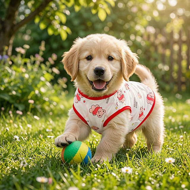 可爱小狗穿着带有粉色小熊图案、红色包边的白色网眼衣服，在阳光明媚的草地上开心玩球，衣服特征完全保留，整体风格清新治愈