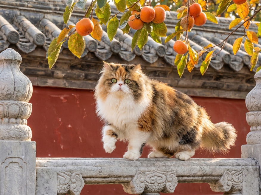 照片里的的长毛猫，不改变脸造型跟颜色，绿色的圆眼睛，正迈着一只前爪站在带有传统花纹的灰色石栏杆上，背景是中国古建筑的红色墙壁和灰色瓦片屋顶，头顶上方是挂满橙黄色柿子和翠绿黄叶的树枝，阳光明媚，光线充足预览效果