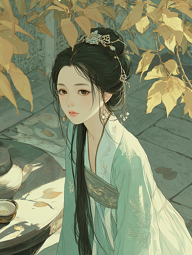 写实风格：“中晚唐偏梳髻，头发全部梳向右侧，低髻（枕骨高度），发丝松散挽成团状，余发垂肩显不对称美；髻侧插一支银鎏金簪（簪头雕蔓草纹），耳戴珍珠耳珰；身着浅碧色对襟襦裙（薄纱材质，衣领绣银线竹叶），外披烟灰色半臂；背景为秋日庭院（梧桐落叶、石桌茶盏），斜阳透过枝叶洒在发丝上；风格为写意古风插画，色彩清冷（碧、灰、银为主），发丝柔软垂坠，8K细节，疏离淡然。”