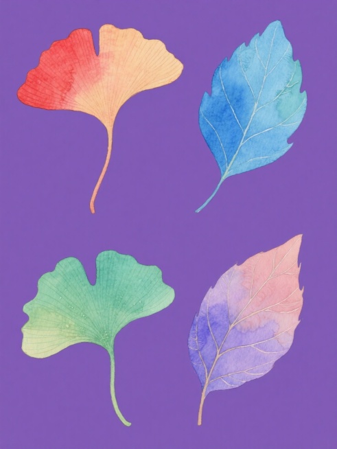 四个不同植物叶片的插画集合，每个叶片保持与原银杏叶一致的水彩质感渐变风格、清晰叶脉纹理和弯曲茎秆，分别采用红色、蓝色、绿色、紫色的纯色背景，叶片色彩与各自背景形成和谐对比，四个元素呈田字格规整排布，整体保持相同的插画细节和设计感。预览效果