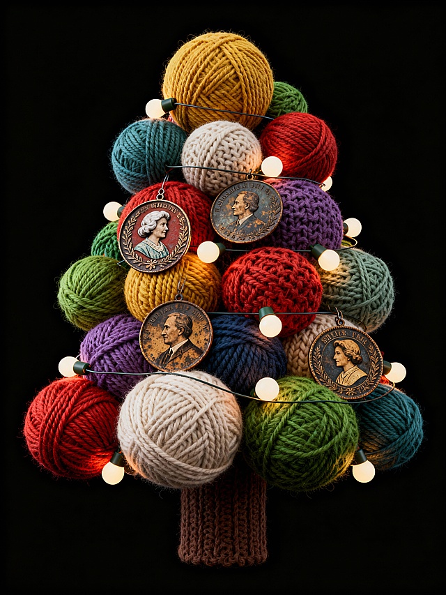 复古感与温馨感交织的3D毛线圣诞树，重拟物风呈现毛发生长质感，搭配怀旧硬币与暖光灯串，面料纹理细腻，趣味十足。