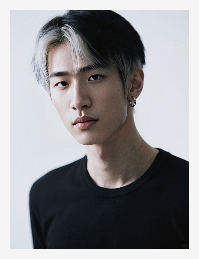 一个男生，狼尾短发，上半部分黑色+下半部分银色头发；戴银色耳钉，穿修身黑t恤
