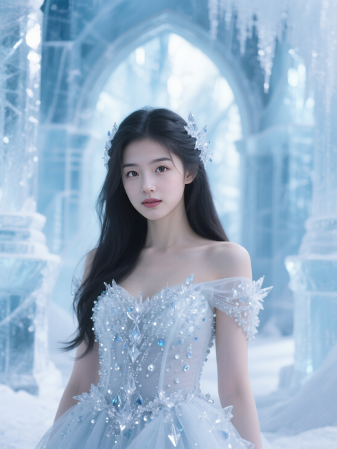 人物穿着冰雪礼服，缀着冰晶颗粒，背景是冰封宫殿， 剔透冷冽滤镜预览效果