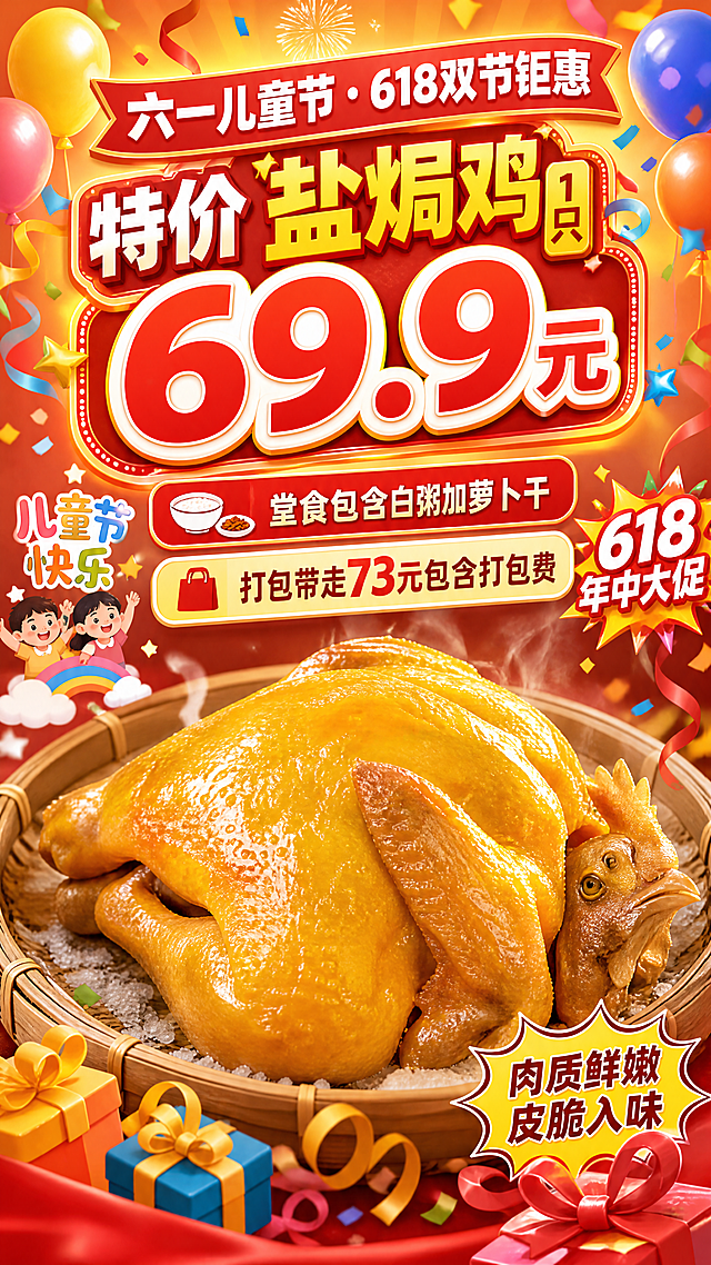 六一儿童节和618双节促销宣传海报，画面主体是美味的盐焗鸡，显眼位置展示促销信息："特价盐焗鸡1只69.9元"，"堂食包含白粥加萝卜干"，"打包带走73元包含打包费"，整体风格活泼喜庆，色彩鲜艳，适合节日活动推广