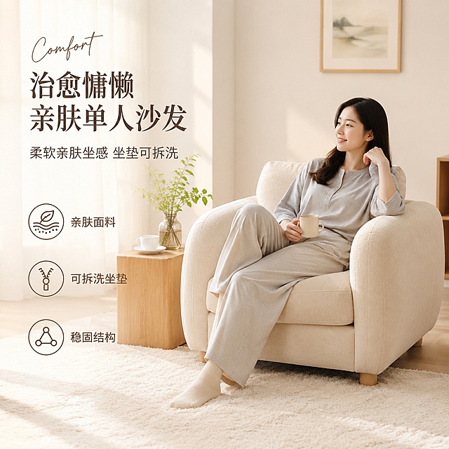 [单张主图] 单人沙发，高级氛围感家居治愈风主图，展示产品在真实温馨家居环境中的美感。
[画面主体] 浅米色简约单人沙发居中摆放，一位年轻亚洲女生浅灰色家居服放松斜坐靠在沙发上，面带自然微笑。沙发保持外观、物理结构、材质质感与输入产品图绝对一致，杜绝任何变形和色差，精细化处理。商品主体占比严格控制在50%左右，画面满屏无边框。背景搭配温馨家居软装，左侧原木方形茶几放一杯热咖啡和绿色绿植，后方浅灰色沙发背景墙搭配原木框装饰画，浅原木色木地板，一块奶白色短绒地毯铺在沙发前，软装丰富不抢主体。
[构图版式] 本次采用左文右物场景型版式，左侧大面积留白放置文案，产品放大放置在画面右侧。
[文案版式] 左侧左上留白左对齐，主标题 "治愈慵懒 亲肤单人沙发" 大号中文细衬线字体，换行排版；副文案 "柔软亲肤坐感 坐垫可拆洗" 字号缩小一半，位于主标题下方。底部三个线稿图标卖点，从上到下依次为：第一个图标对应亲肤面料 第二个对应可拆洗坐垫 第三个对应稳固结构，图标旁配短文案说明。主标题旁加一个手写体英文装饰词 "Comfort"。所有文字放置在留白处，不遮挡产品主体，字色深棕色与浅背景形成强烈对比。
[光影质感] 午后自然光从左侧落地窗斜射而入，经纱帘柔化后成为大面积柔光，色调温暖治愈。主光来自左侧，墙面地面反射作为辅光填充，阴影过渡柔和，高光不溢出，暗部有层次，营造慵懒午后氛围。产品材质呈现真实的布艺纹理和柔和哑光质感，整体画面商业摄影质感，光线柔和通透，产品清晰真实，画面干净高级。
[配色字体] 主色调为奶白色、浅米色低饱和奶油色系，辅助色为浅原木棕、淡绿色，强调色为深棕色。字体选择细衬线字体，字重克制，通过留白和字号大小形成清晰层级。
[比例分辨率] 1:1比例，2048px*2048px，分辨率2K，文字清晰可辨，画面超高清。
[负向提示词] 变形，文字错乱，产品图模糊，背景杂乱，水印，电商平台Logo，错字，主体遮挡，低清晰度，错误结构