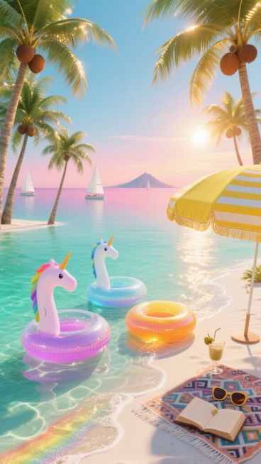 广角俯视角，清晨的热带海湾正苏醒在蜂蜜色的阳光中，3D渲染风格。绿松石色的海水如液态水晶般漫过渐变的白色沙滩，三只半透明的充气独角兽泳圈——粉紫渐变、蓝白渐变和橙黄渐变——正随潮水轻轻碰撞，在水面编织出彩虹般的波纹图案。右侧椰林边缘立着一顶亮黄色的条纹遮阳伞，伞下铺着波西米亚风格的几何图案沙滩巾，上面随意摆放着一本翻开的航海日志、半杯冰椰汁和一副玳瑁色太阳镜。六棵高大的椰子树以黄金分割排列，叶……预览效果