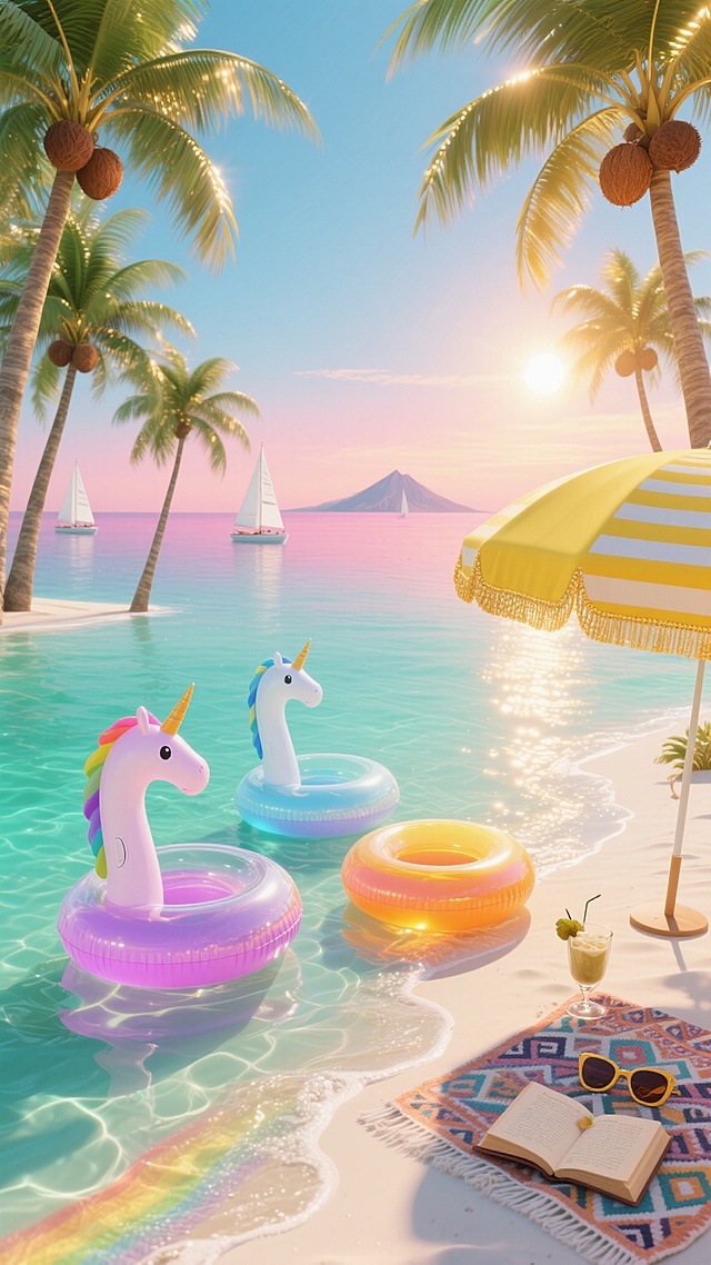 广角俯视角，清晨的热带海湾正苏醒在蜂蜜色的阳光中，3D渲染风格。绿松石色的海水如液态水晶般漫过渐变的白色沙滩，三只半透明的充气独角兽泳圈——粉紫渐变、蓝白渐变和橙黄渐变——正随潮水轻轻碰撞，在水面编织出彩虹般的波纹图案。右侧椰林边缘立着一顶亮黄色的条纹遮阳伞，伞下铺着波西米亚风格的几何图案沙滩巾，上面随意摆放着一本翻开的航海日志、半杯冰椰汁和一副玳瑁色太阳镜。六棵高大的椰子树以黄金分割排列，叶片在晨光中呈现出半透明的翡翠质感，树干上还挂着几个成熟的棕褐色椰子。远处海平面与渐变的蜜桃粉到天蓝色的天空相接，几艘白色帆船正扬起三角帆，海天交界处隐约可见火山岛的轮廓。阳光从画面右上角斜射而下，在海面切割出一条闪烁的金色光带，伞沿和椰子叶边缘都镶着耀眼的金边，整个场景散发着慵懒奢华的夏日度假气息，高饱和度色彩与柔和的体积光交织出梦幻般的视觉盛宴。