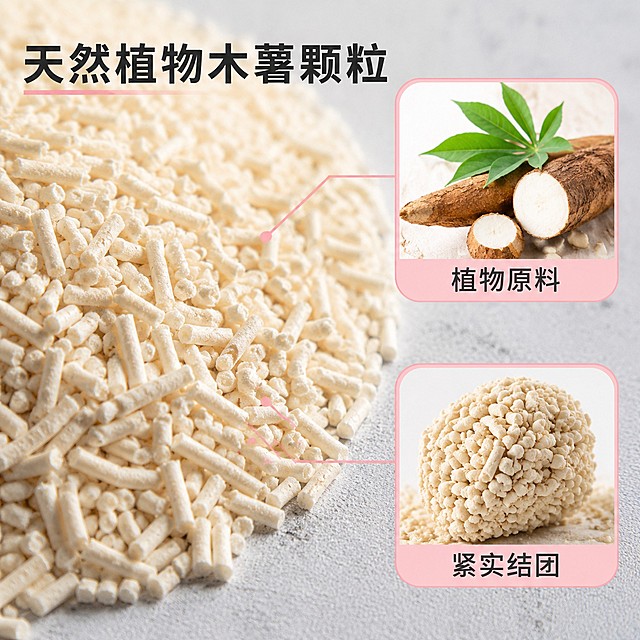 [主图-3] 猫砂颗粒细节与原料安全展示图。
[氛围风格] 细节可信，干净专业的产品质感。
[画质] 商业微距摄影质感，细节清晰锐利。
[元素] 左侧大区域展示猫砂颗粒微距特写，展示细腻均匀的木薯颗粒质感，右侧放置两个圆角画中画小卡片，上方展示植物木薯原料示意，下方展示成品结团截面紧实效果，用细引线标注对应细节。保持产品包装配色风格与首图统一，产品外观无变形色差。
[光影] 柔和侧光突出颗粒纹理质感，明暗过渡自然，细节层次清晰。
[配色] 浅灰色背景突出颗粒本身颜色，卡片浅粉边框保持产品色系统一。
[视角构图] 左大右小三分构图，主细节占据主要视觉，辅助卡片补充信息。
[文字版式] 左侧特写旁写大字"天然植物木薯颗粒"，右侧卡片内分别标注"植物原料"和"紧实结团"，文字简洁清晰，对比分明。
[比例分辨率] 1:1 比例，2048px分辨率，文字清晰可辨，超高清。
[负向提示词] 变形，文字错乱，产品图模糊，背景杂乱，水印，电商平台Logo。
