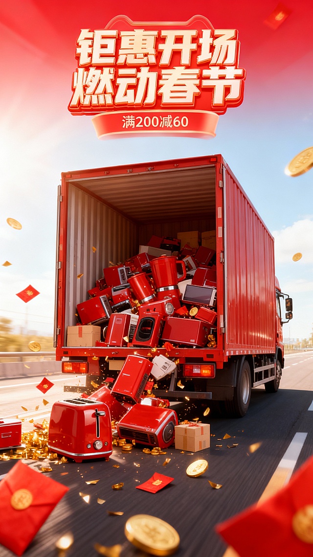 画面核心为红色卡车侧后视角，车厢向后“打开”，大量图示产品从车厢掉落而出，占据主视觉。车厢内有货箱点缀。搭配红包、金币、金色碎片元素。明亮天空加公路背景。画面顶部叠加一个红色渐变图层，顶部立体字“钜惠开场 燃动春节”，下面小字写着“满200减60”。