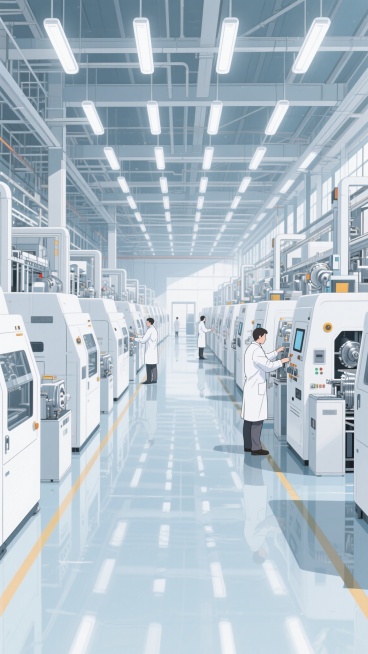 动漫风格工厂内部全景图，明亮的厂房空间，整齐排列的现代化白色工业设备，地面光洁反射灯光，穿着白色工作服的技术人员在设备间操作走动，金属质感的机械细节，天花板上密集的白色照明灯，整体呈现干净整洁的科技感生产氛围，线条清晰，色彩明快，略带卡通化的写实风格，无文字信息。预览效果