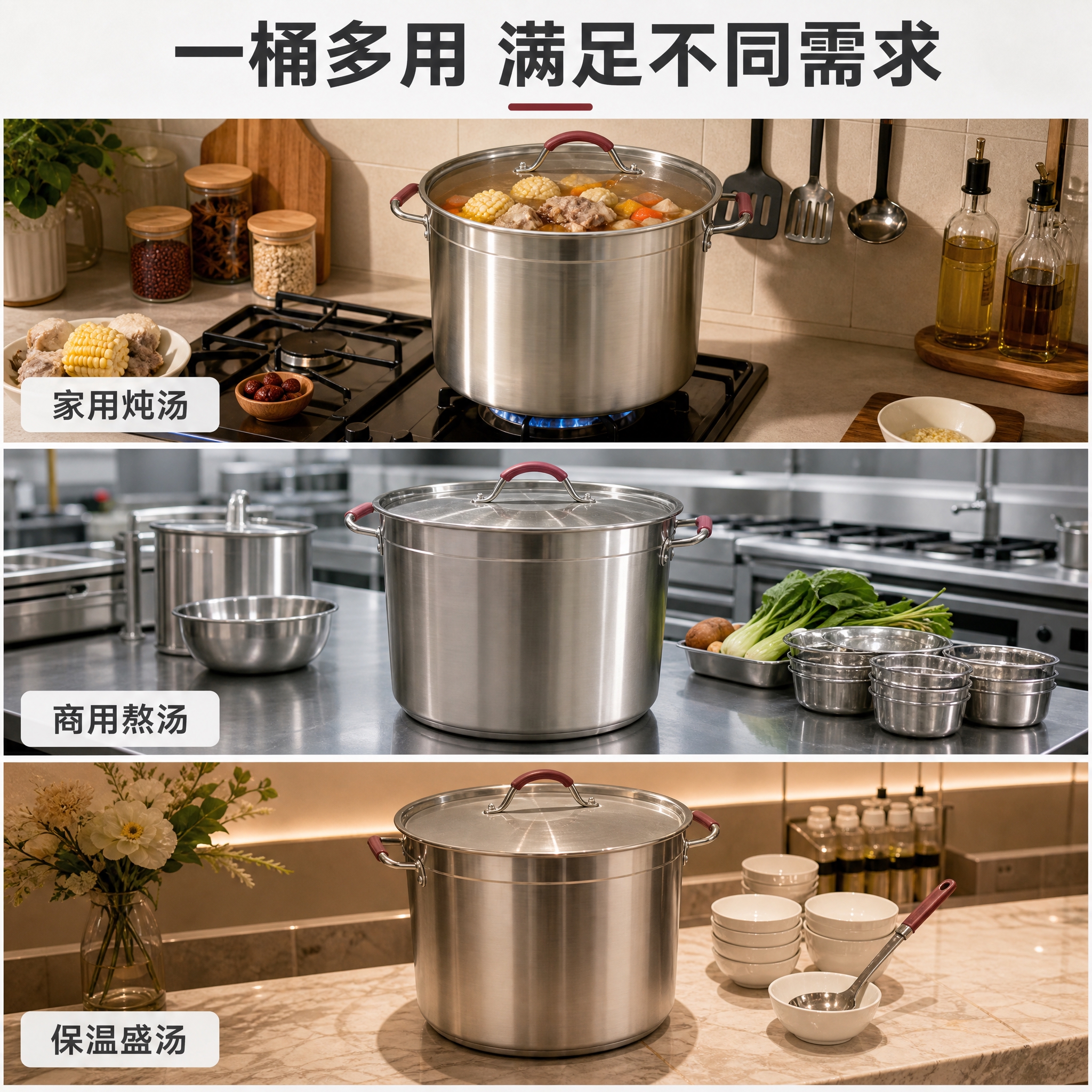 [详情图-3] 不锈钢汤桶多场景适用展示图，展示商用与家用多种… - 图片创意预览