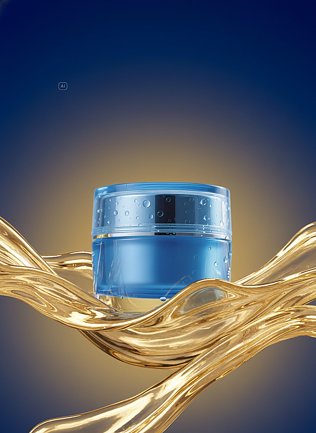 鎏金液态风与3D重拟物设计结合，蓝金交织的未来感护肤瓶，奢华科技感十足，极繁主义光影演绎高端质感。