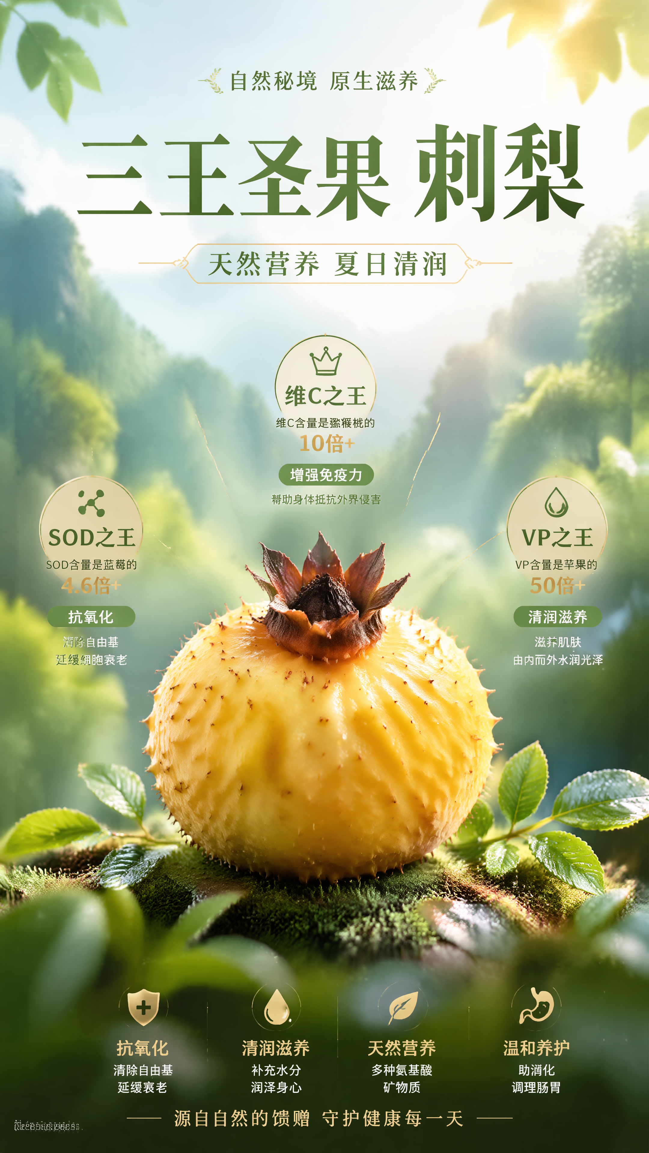 写实商业摄影风格，刺梨功效宣传海报，整体青绿金黄色调，营造夏天… - 图片创意预览